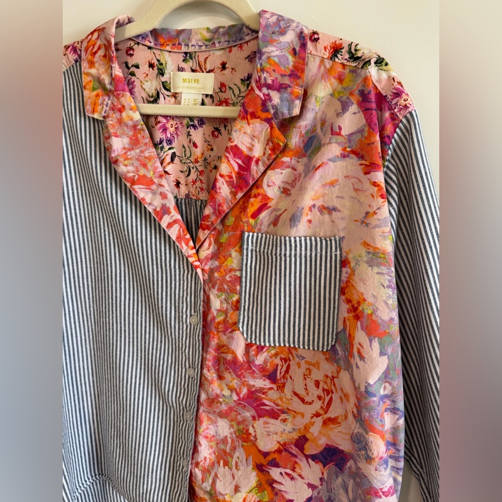 Anthropologie Maeve The Clarissa Floral & Striped High Low Button Up Top Size 14 - Picture 2 of 8
